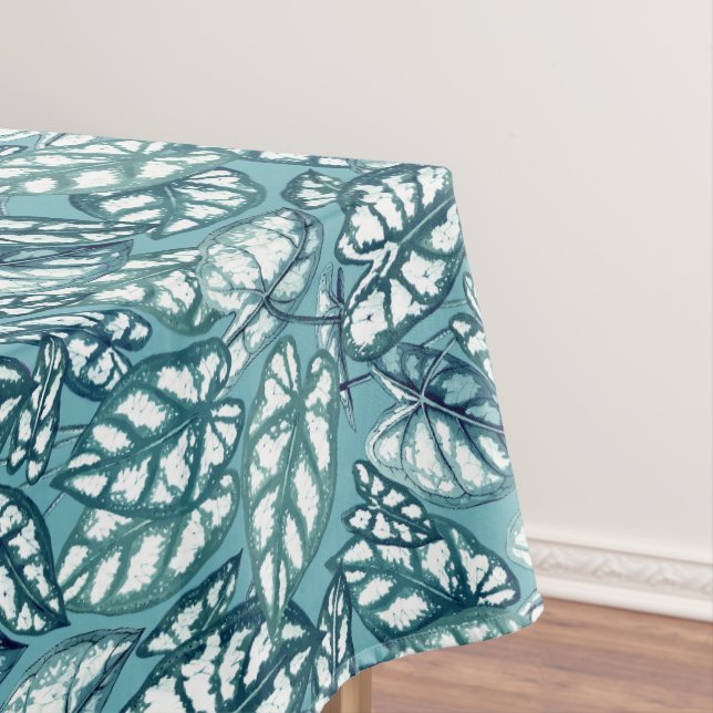 Blue Teal Tropical Leaves Tablecloth (In Situ)