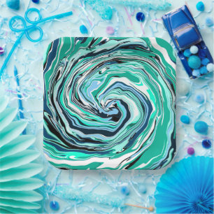 Blue, Teal, Turquoise and White Swirls Marble Art  Paper Plate