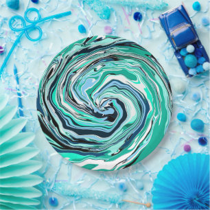 Blue, Teal, Turquoise and White Swirls Marble Art  Paper Plate