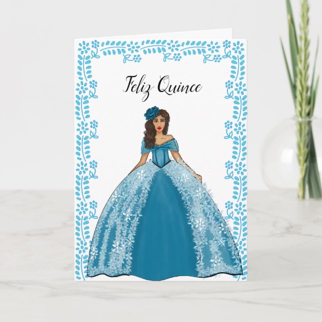 Blue Teal Vintage Quinceanera Dress Birthday Card (Front)
