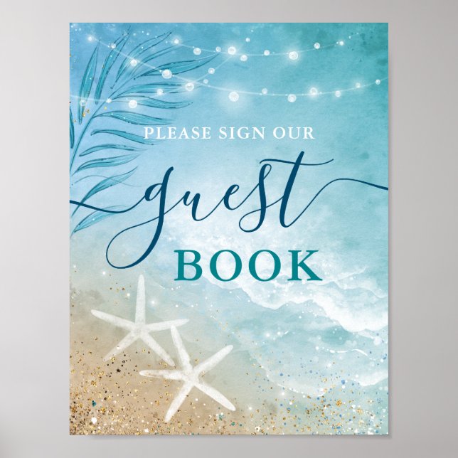 Blue Teal Watercolor Beach Wedding Guest Book Sign (Front)