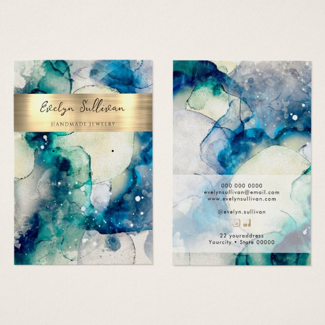 Blue teal watercolor foil jewellery display card (Front & Back)