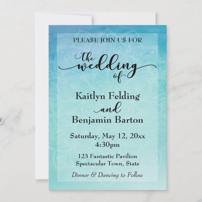 Blue & Teal Watercolor Mandala Wedding Invitation (Front)