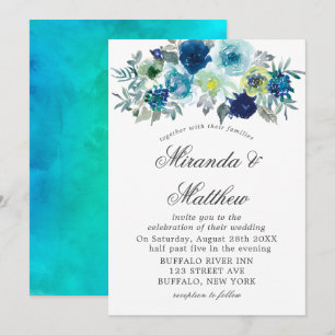 Blue Teal Watercolor Peony Wedding Invitations