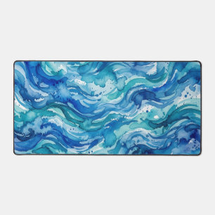 Blue Teal Watercolor Sea Pattern Desk Mat