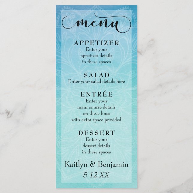 Blue & Teal Watercolor with Mandala Wedding Menu (Front)