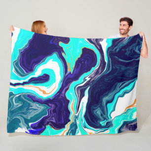 Blue, Teal, White and Gold Marble Swirls Fleece Blanket