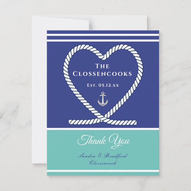 Blue teal White Nautical rope Heart Anchor Wedding Thank You Card (Front)