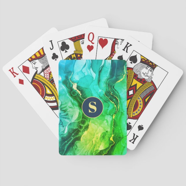Blue Teal Yel & Dark Green Liquid Ink, Monogram Playing Cards (Back)