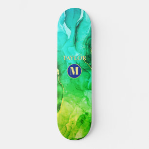 Blue Teal Yellow Green Liquid Ink, Monogram & Name Skateboard