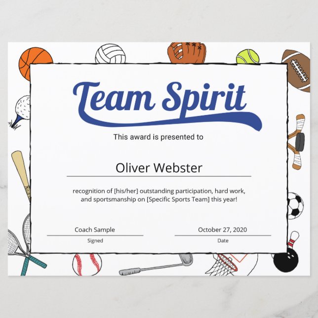Blue Team Spirit Sports Certificate (Front)