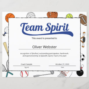 Blue Team Spirit Sports Certificate