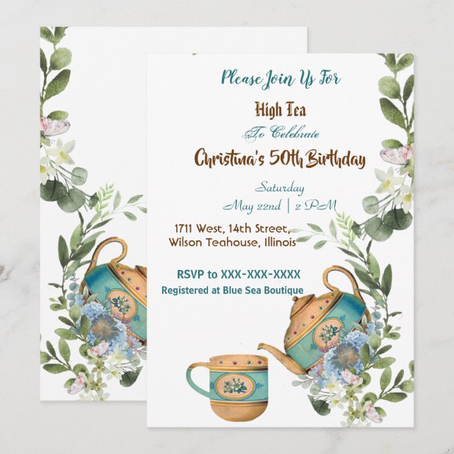 Blue Teapot Floral Afternoon High Tea 50 Birthday Invitation (Front/Back)