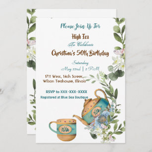 Blue Teapot Floral Afternoon High Tea 50 Birthday Invitation