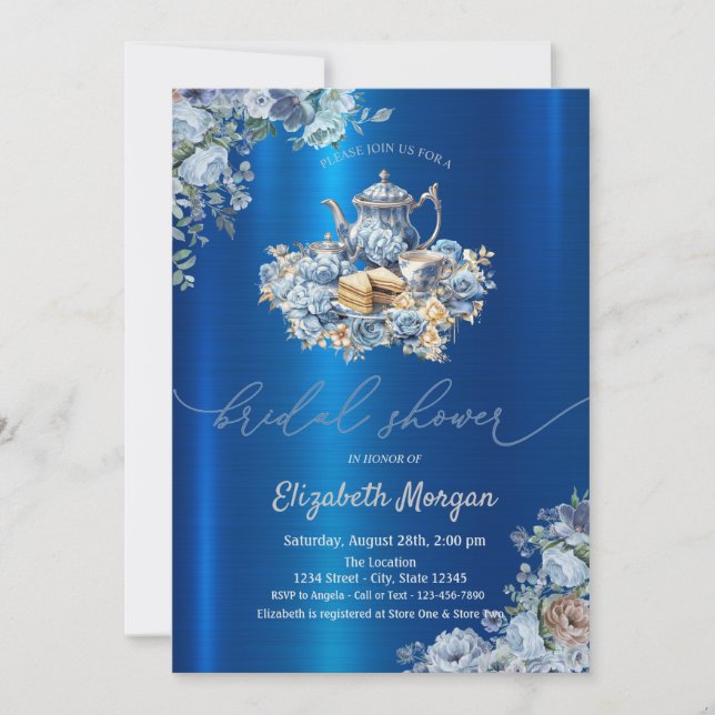  Blue Teapot  Floral Blue Metallic Baby Shower  Invitation (Front)