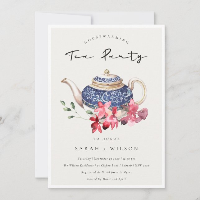 Blue Teapot Floral Housewarming Tea Party Invite (Front)