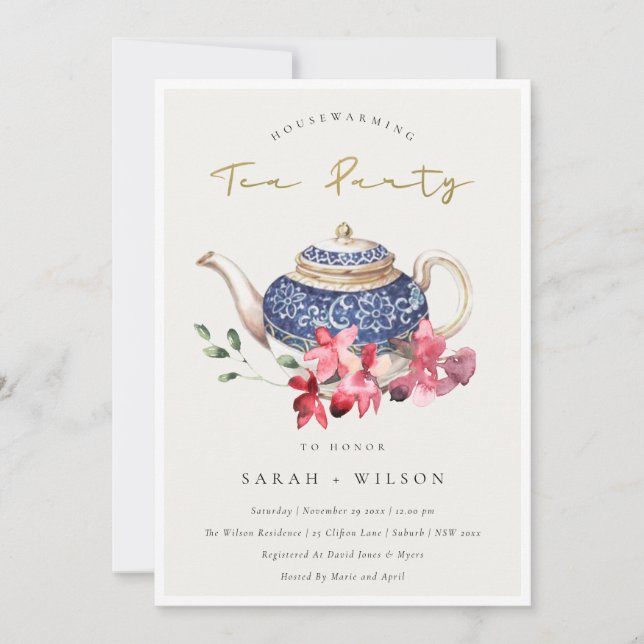 Blue Teapot Floral Housewarming Tea Party Invite (Front)