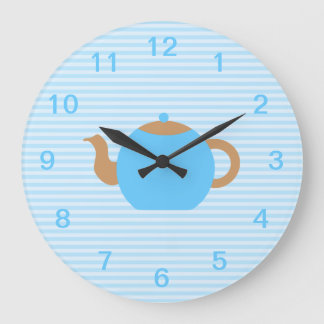 Blue Teapot picture on Blue Stripes. Large Clock