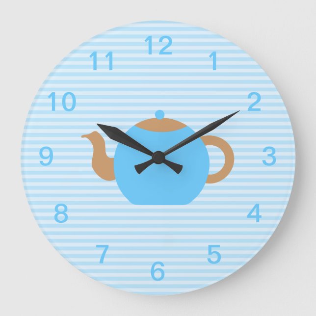 Blue Teapot picture on Blue Stripes. Large Clock (Front)