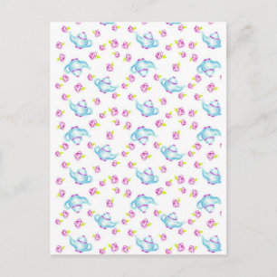 Blue Teapot Pink Rose Blossom Flower Illustration Postcard