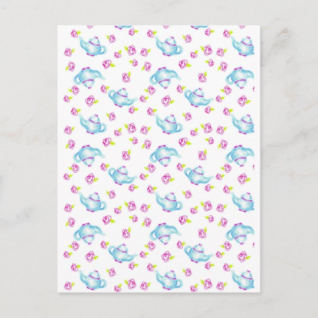 Blue Teapot Pink Rose Blossom Flower Illustration Postcard (Front)