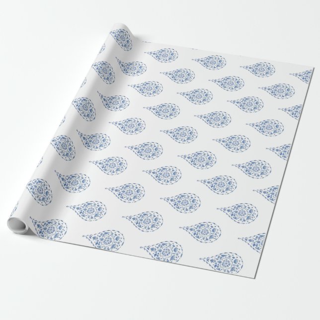 Blue Teardrop Paisley Wrapping Paper (Unrolled)