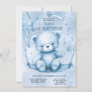 Blue Teddy Bear 1st Birthday Invitation