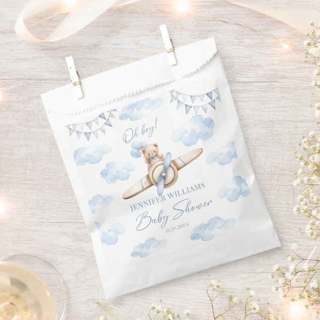 Blue Teddy Bear Aeroplane Baby Boy Shower Candy Favour Bags (Clipped)