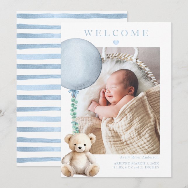 Blue Teddy Bear Baby Boy Photo Birth Announcement (Front/Back)
