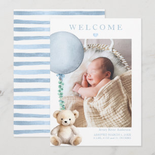 Blue Teddy Bear Baby Boy Photo Birth Announcement