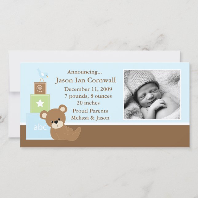Blue Teddy Bear Baby Photo Birth Announcement (Front)