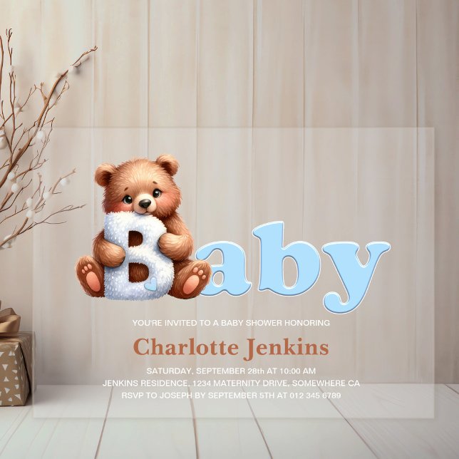 Blue Teddy Bear Baby Shower Acrylic Invitations (Creator Uploaded)