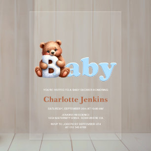 Blue Teddy Bear Baby Shower Acrylic Invitations