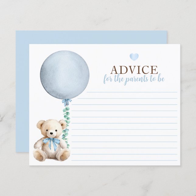 Blue Teddy Bear Baby Shower Advice Card (Front/Back)