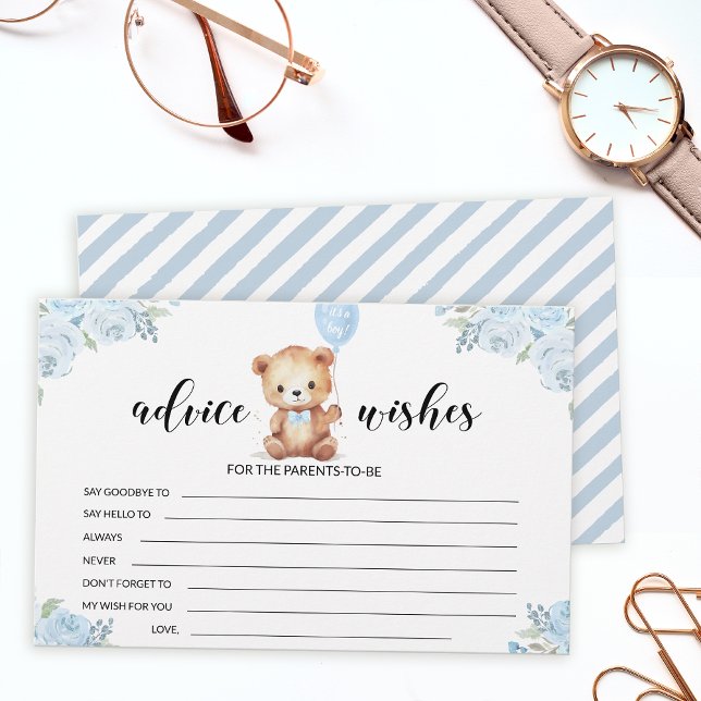 Blue teddy bear baby shower advice wishes card (Creator Uploaded)