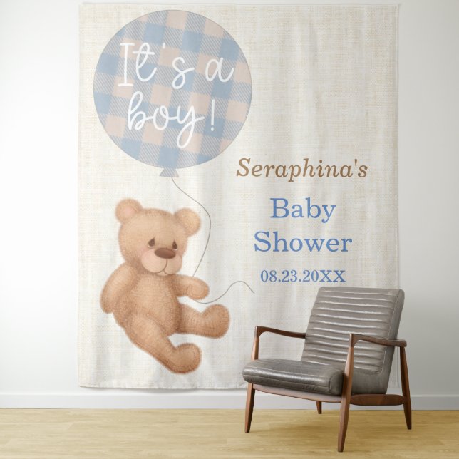 Blue Teddy Bear Baby Shower Backdrop Tapestry (In Situ)