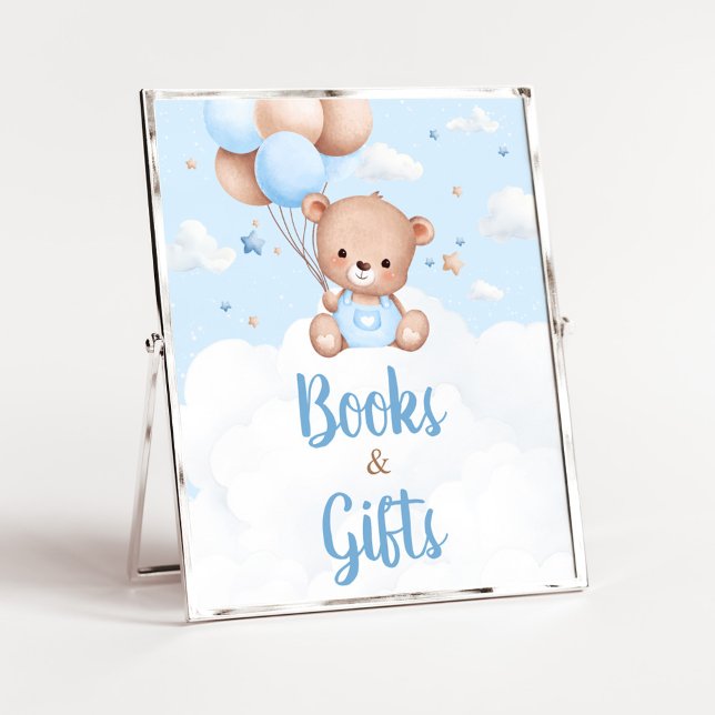 Blue Teddy Bear Baby Shower Books and Gifts Sign (Blue Boy Teddy Bear Clouds Balloon Baby Shower Sign)