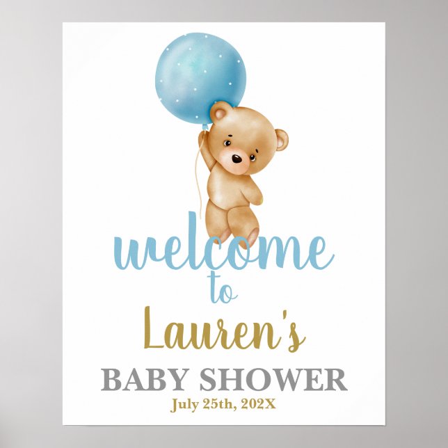 Blue Teddy Bear Baby Shower Boy Welcome sign (Front)