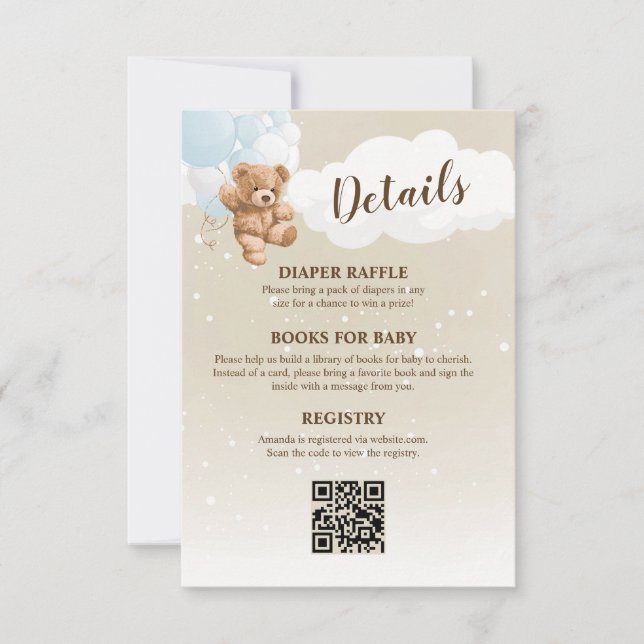 Blue Teddy Bear Baby Shower Details Enclosure Card (Front)