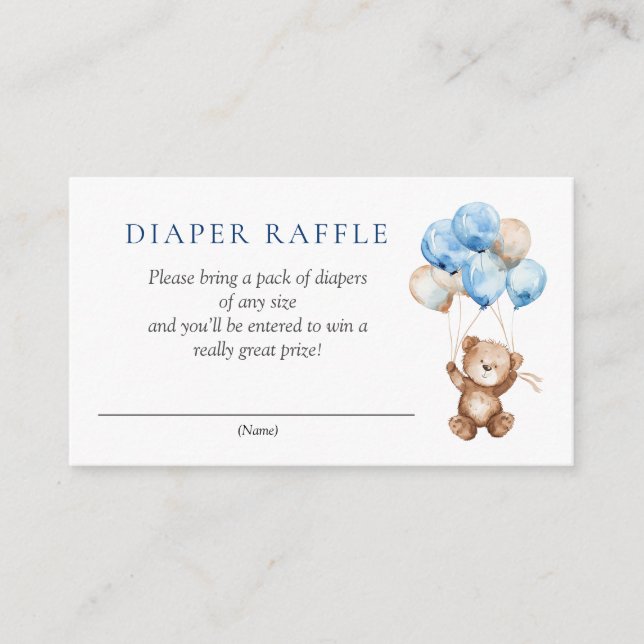 Blue Teddy Bear Baby Shower Diaper Raffle Enclosure Card (Front)