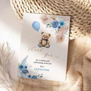 Blue Teddy Bear Baby Shower Florals Pampas Grass Thank You Card