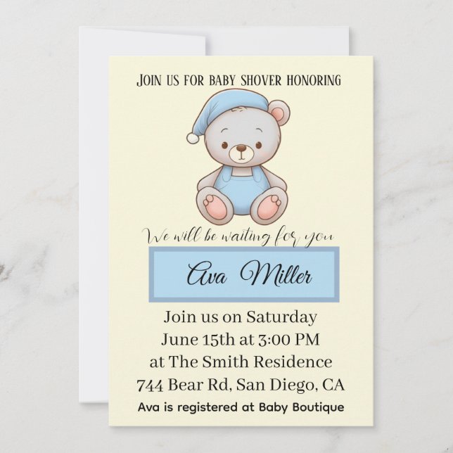 Blue Teddy Bear Baby Shower Invitation | (Front)