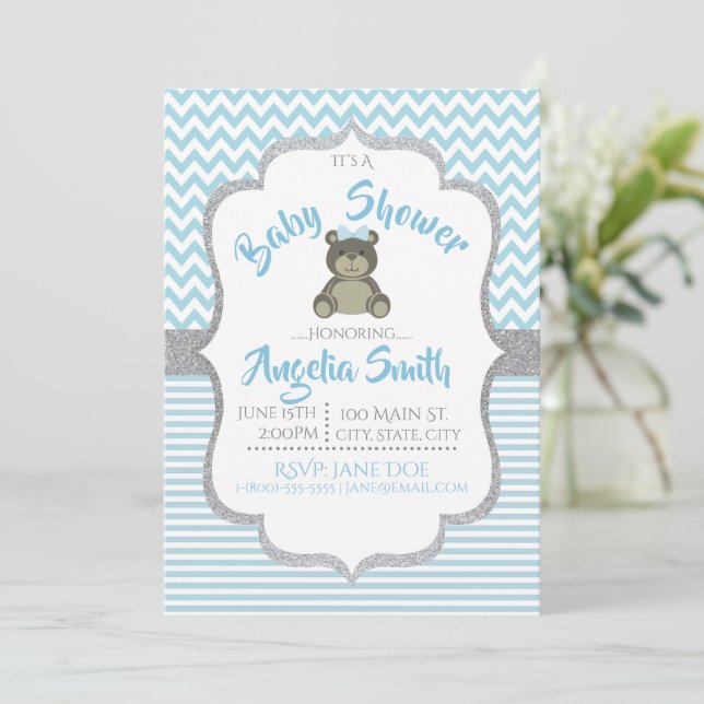 Blue Teddy Bear Baby Shower Invitation (Standing Front)