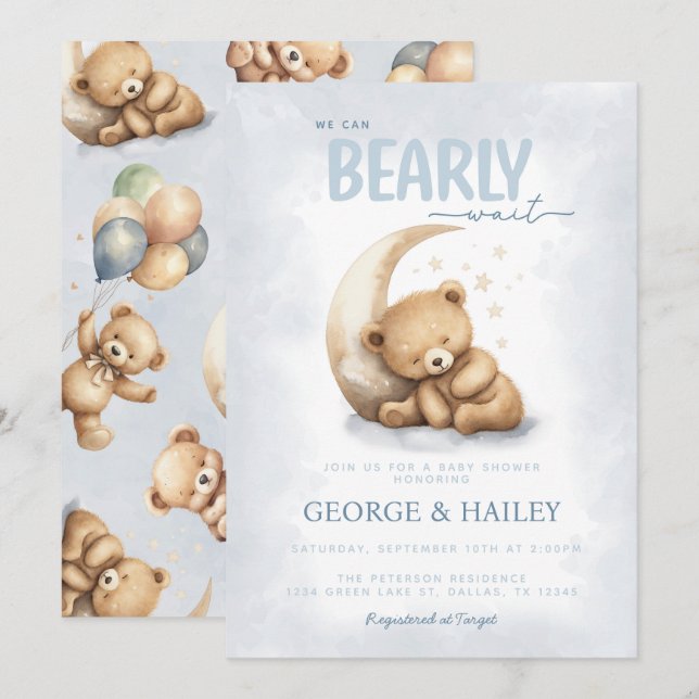 Blue Teddy Bear Baby Shower Invitation (Front/Back)