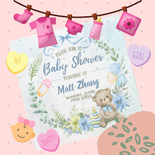 Blue Teddy Bear Baby Shower Invitation