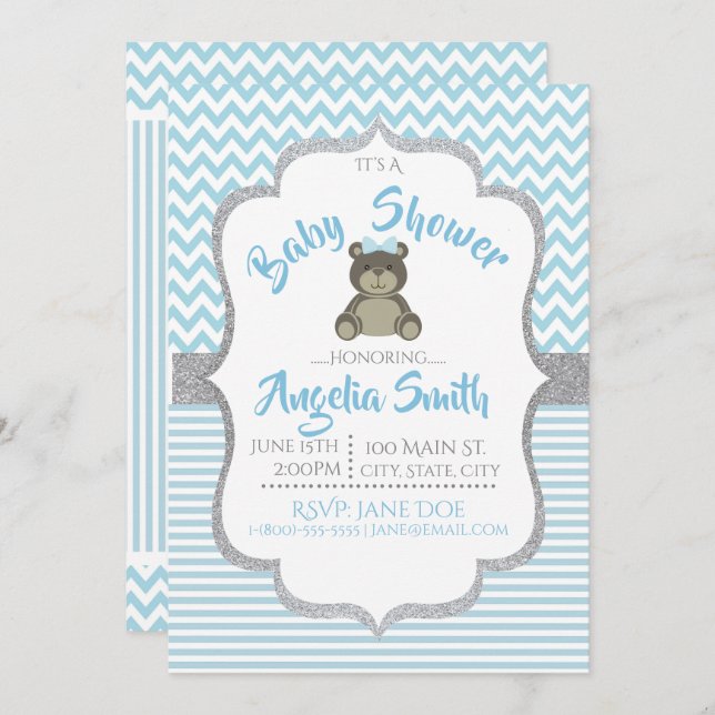 Blue Teddy Bear Baby Shower Invitation (Front/Back)