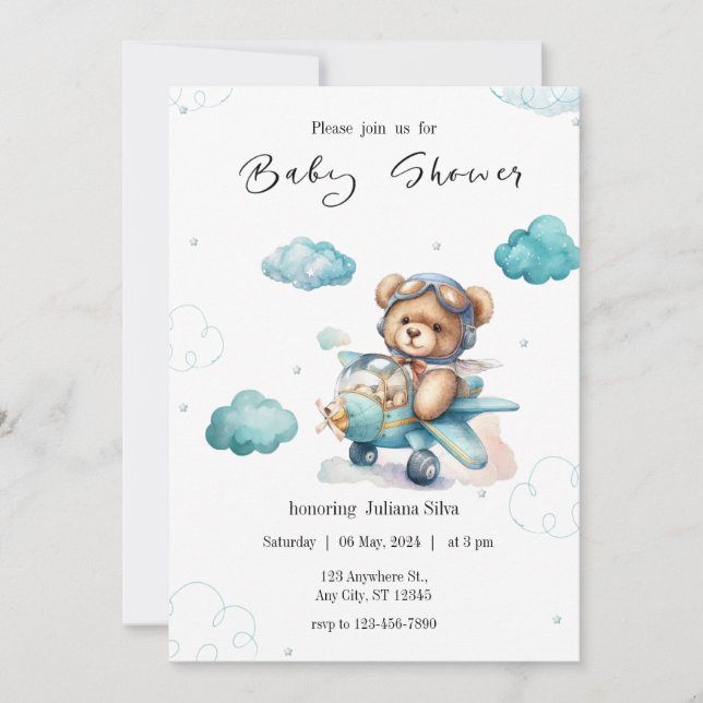 Blue Teddy Bear Baby Shower Invitation (Front)