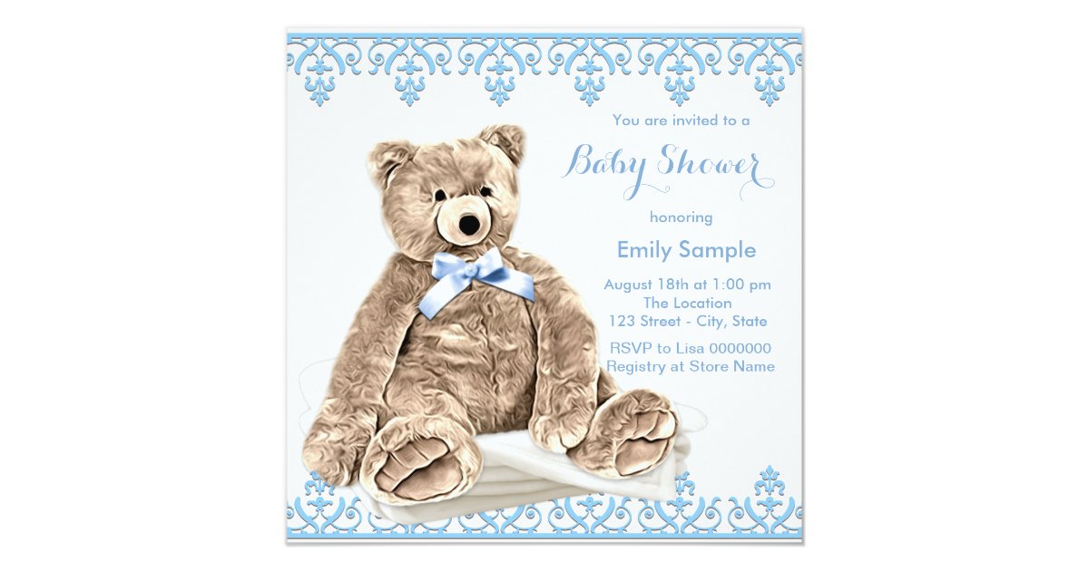 Blue Teddy Bear Baby Shower Invitation Zazzle.co.uk