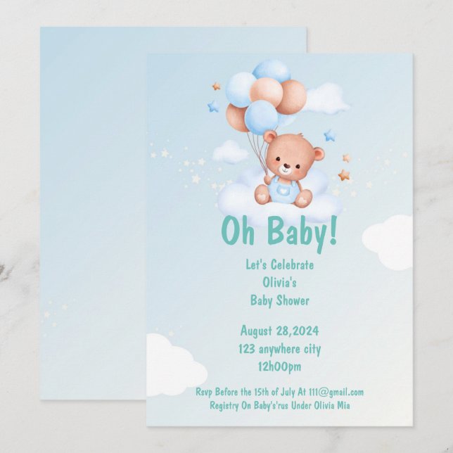 Blue teddy bear baby shower  invitation (Front/Back)