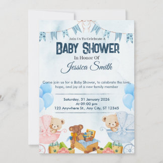 Blue Teddy Bear Baby Shower Invitation